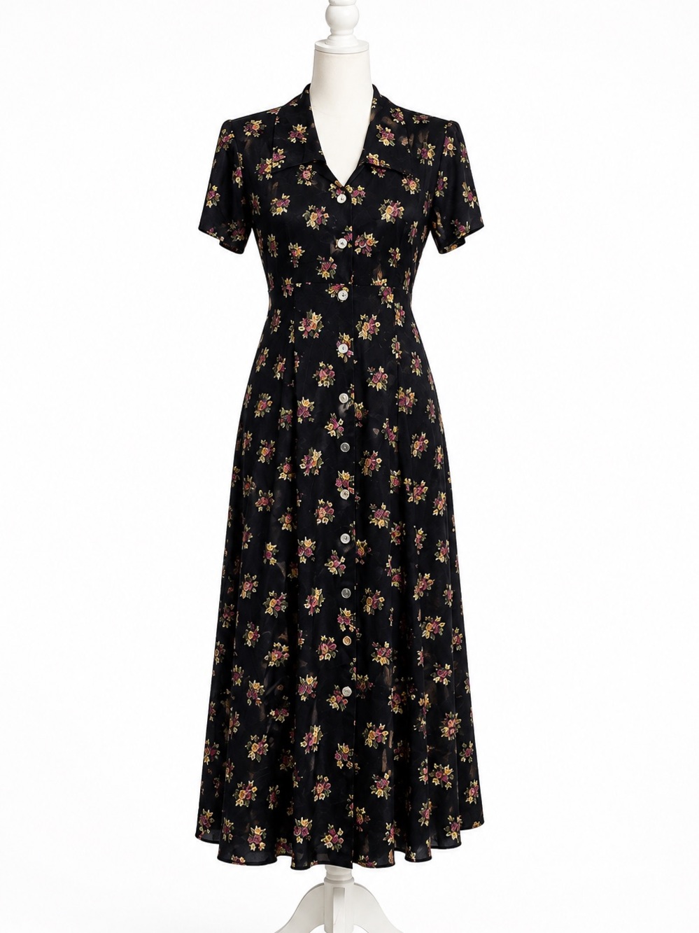Vintage 80 90s Grunge button down cottage core floral Midi dress 7/8